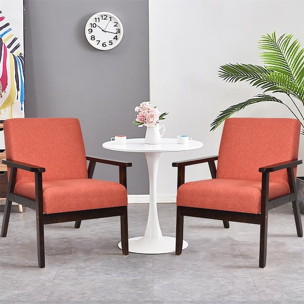 Costway 2-Piece Fabric Wood Outdoor Accent Chaise Lounge Chair with Orange Cushions