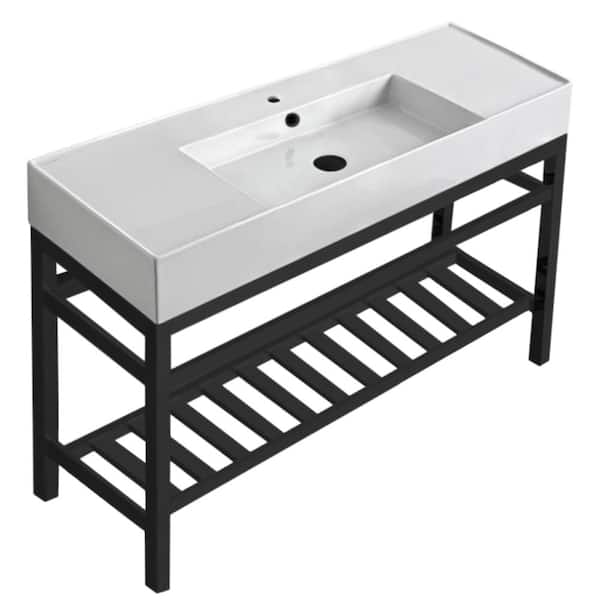 Nameeks Teorema 2-Ceramic White Console Sink and Leg Combo in Matte Black