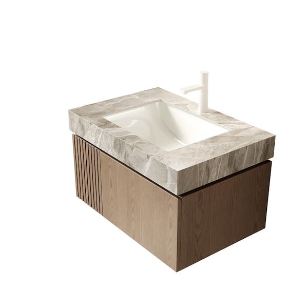 30 in. Single Sink Floating White Oak Bath Vanity with Light Gray Sintered Stone Top