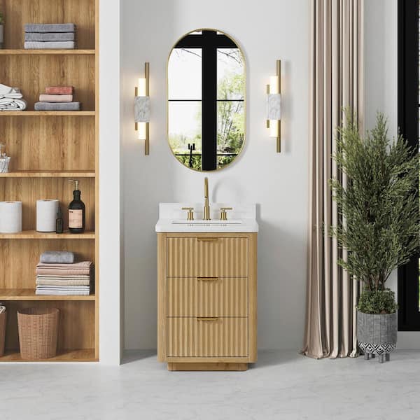 ROSWELL Cádiz 24 in. W. x 22 in. D x 34 in. H Single Bath Vanity in Washed Ash Gray with White Composite Stone Top and Mirror