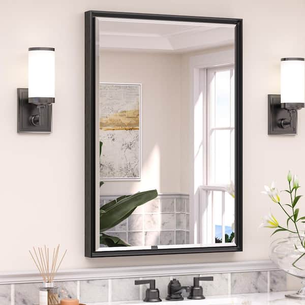 KeonJinn 24 in. W x 36 in. H Rectangular Framed Beveled Edge Wall Bathroom Vanity Mirror in Black