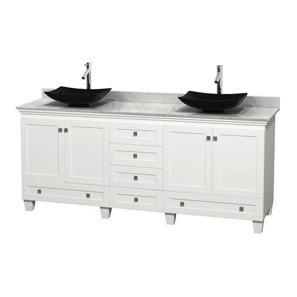 Wyndham Collection Acclaim 80 in. W Double Vanity in White with Marble Vanity Top in Carrara White and Black Sinks