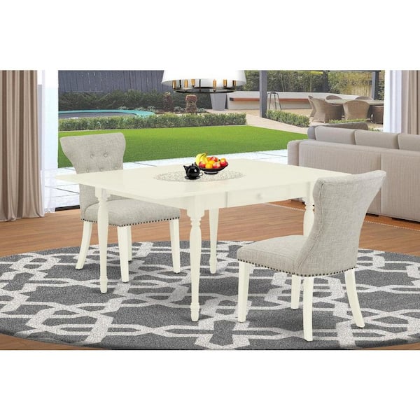 East West Furniture 3-Piece Linen White Finish Rectangular Solid Wood Top With Dropleaf Dining Table Set