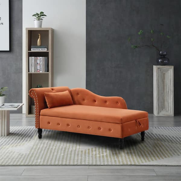 60 in. W Orange Velvet Storage Chaise Lounge with 1 Pillow