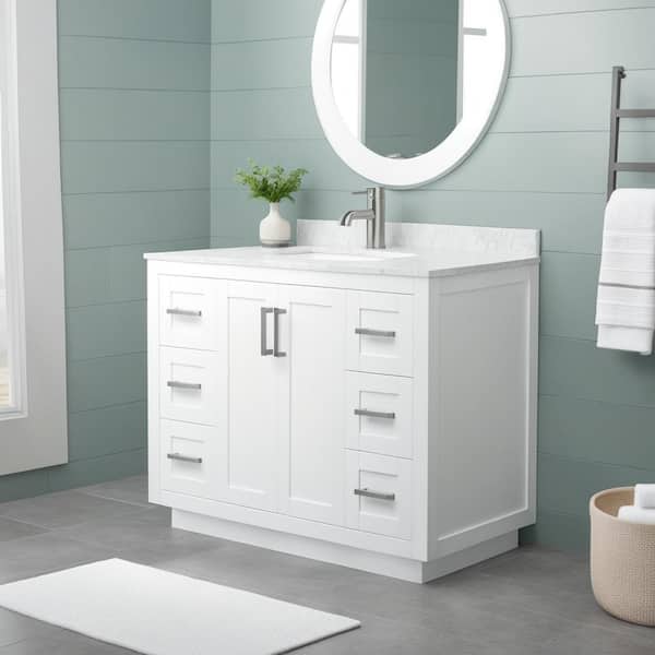 Wyndham Collection Miranda 42 in. W Single Bath Vanity in White with Cultured Marble Vanity Top in Light-Vein Carrara with White Basin