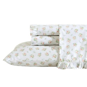 Rose ford 4-Piece White Apricot 100% Cotton Queen Sheet Set