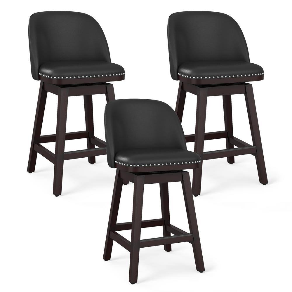 26" Black Faux Leather Swivel Counter Stools with Dark Wood Legs, Set of 3