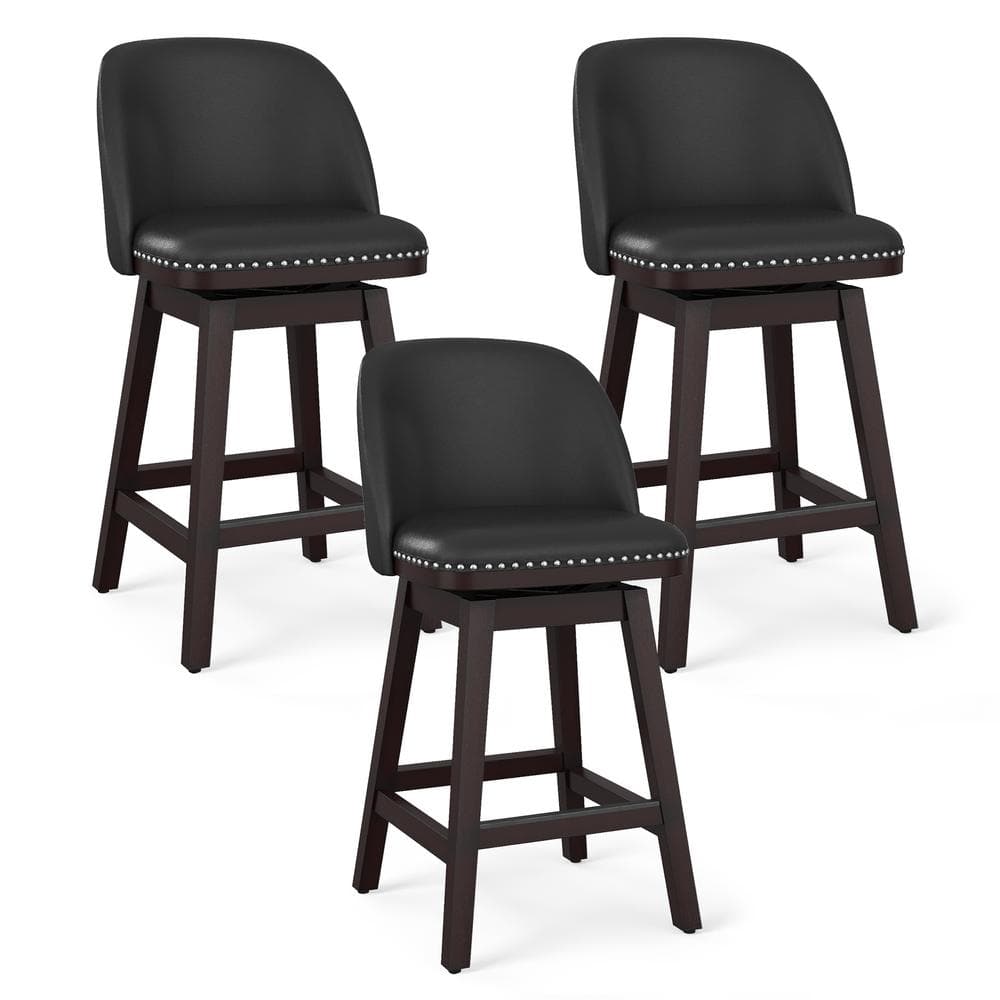 26" Black Faux Leather Swivel Counter Stools with Dark Wood Legs, Set of 3