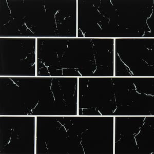 Nero Marquina 6 in. x 3 in. x 8 mm Glossy Glass Black Subway Tile (0.13 sq. ft.)