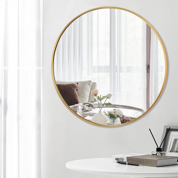 Pexfix Modern Brushed Metal Frame 36 In X Round Gold Wall Mirror Mounted Vanity Us Yj36mt001 Tj The Home Depot - Home Depot Mirror Wall Mount