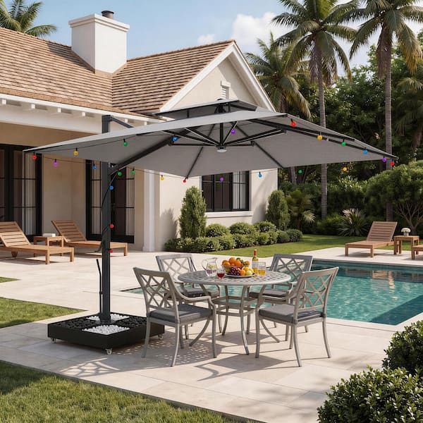 aluminum cantilever patio umbrella gray Mondawe 10 ft. x 10 ft. Square Double Top Aluminum Cantilever Patio Umbrella  in Gray with LED Lights and Corner Hooks MO-OD011010L6GY