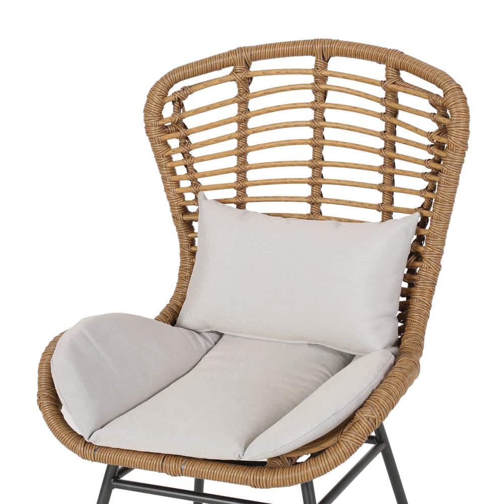 Light Brown Faux Rattan Armless Patio Chairs with Beige Cushions