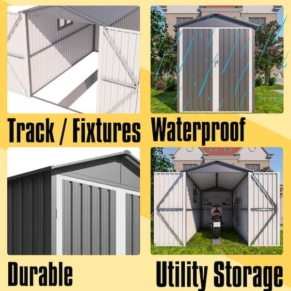 10 ft. W x 5.5 ft. D Metal Shed with Window,Tracks and Fixtures, Motorcycle Outdoor Steels in Grey + White (53 sq. ft.)
