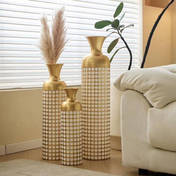 Classic 33 in. Gold Metal Cylinder Decorative Floor Vase 3-Piece w/ Textured Pattern for Home Office and Wedding Decor CCWP386880