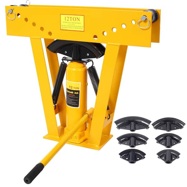 Tidoin 12-Ton Yellow Steel Adjustable Pipe Bender Manual Hydraulic with 6 Dies, Adjustable Rollers 90-180° Bending