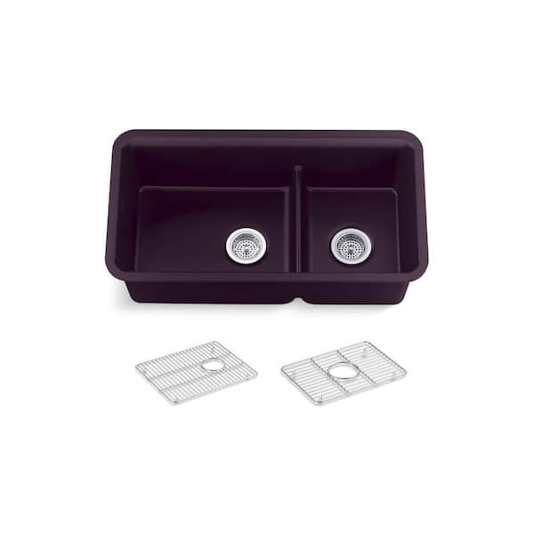 KOHLER Cairn Matte Black Plum Solid Surface 33 .5 in. Double Bowl Undermount Kitchen Sink