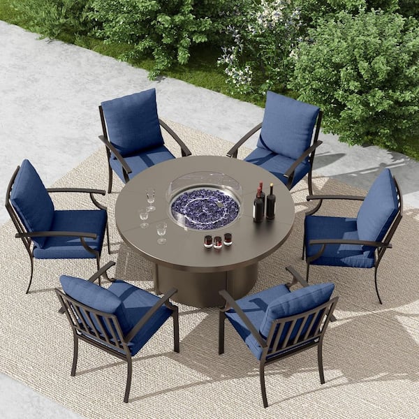 7-Piece Metal Outdoor Dining Set with 6 Chairs, Round Fire Pit Table, Waterproof and Non-Slip Navy Cushions, Patio, Lawn