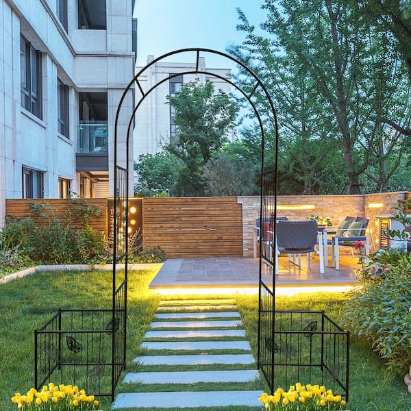 AUTMOON Metal Garden Arch with Planter Stands 81 .6 in. x 87.6 in. Metal Trellis Archway for Climbing Plants Support, Black