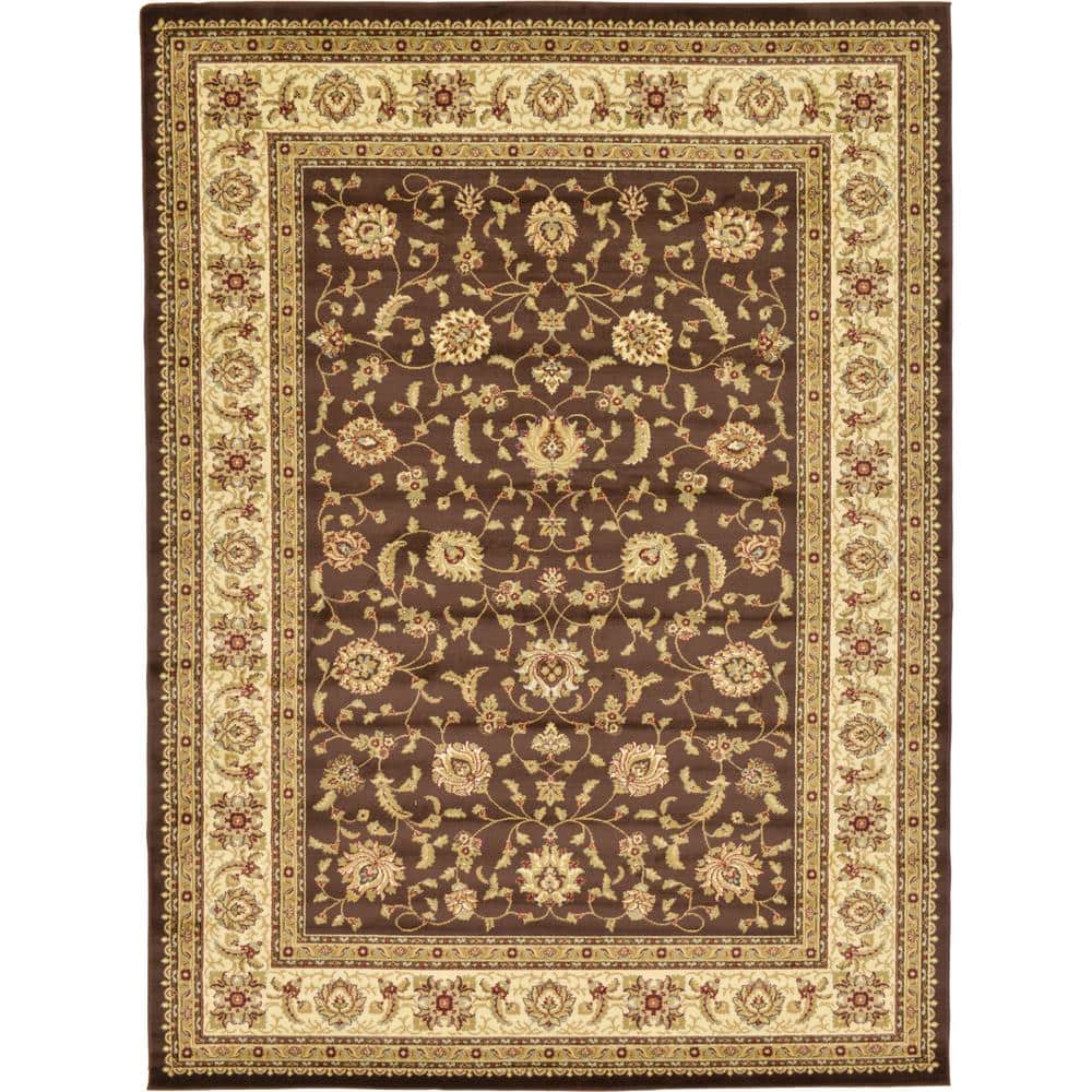 Brown and Ivory Floral Rectangular Synthetic Area Rug, 9' x 12'