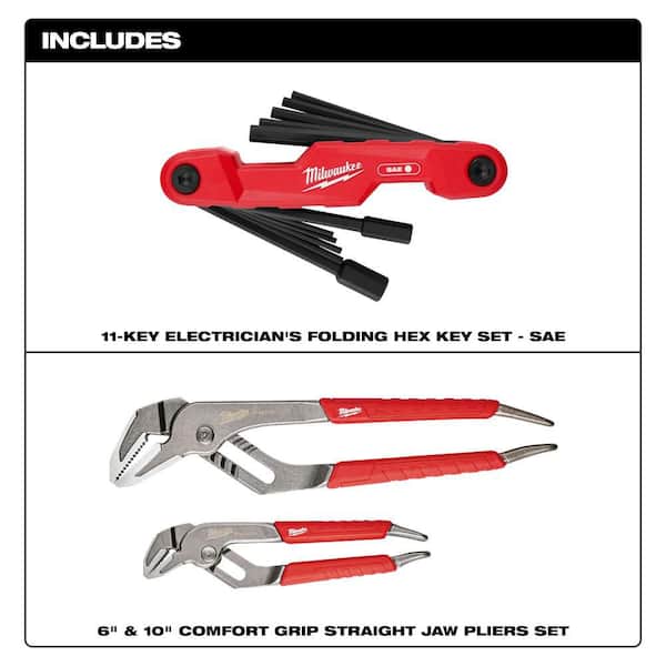 SAE Electrician's Folding Hex Key Set (11-Piece) and 6" & 10" Comfort Grip Straight Jaw Pliers Set (2-Piece)
