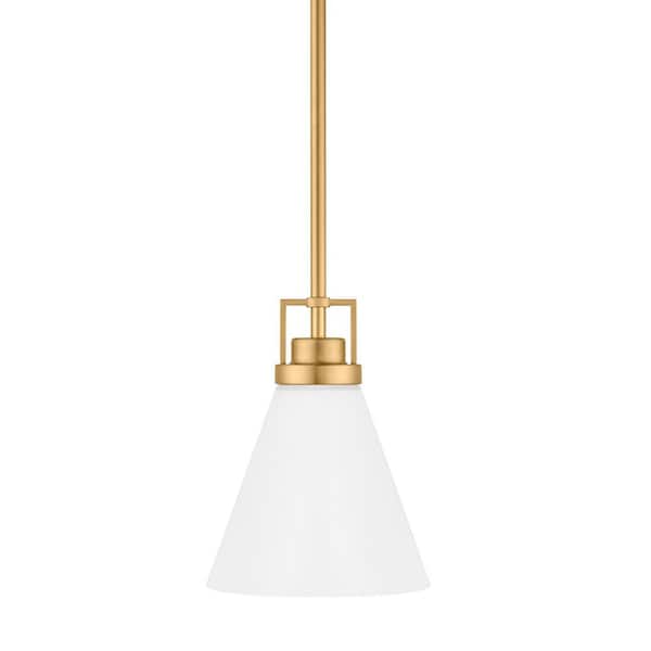 Home Decorators Collection Clermont 1-Light Satin Brass Shaded Pendant Light with Milk Glass Shade