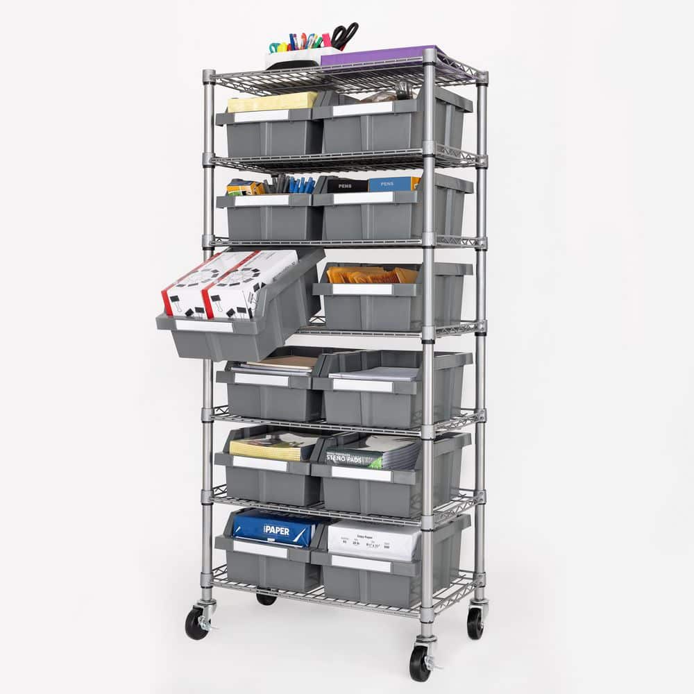 Gray 7-Tier Steel Wire Shelving Unit with 12 Bins