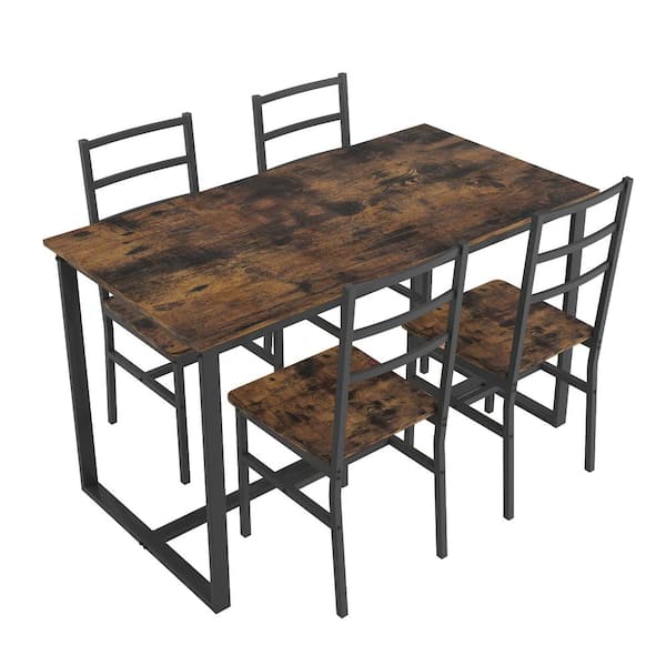 SUNRINX Brown 29.5 in.H Dining Set with Wood Metal Table and 4 Chairs(5 Piece)