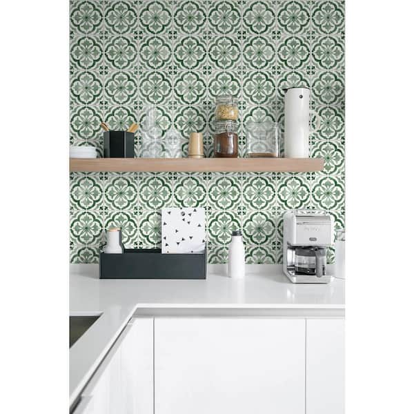 30.75 sq. ft. Jungle Green Sorento Faux Tile Vinyl Peel and Stick Wallpaper Roll