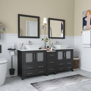Ravenna 72 in. W Bathroom Vanity in Espresso with Double Basin in White Engineered Marble Top and Mirrors