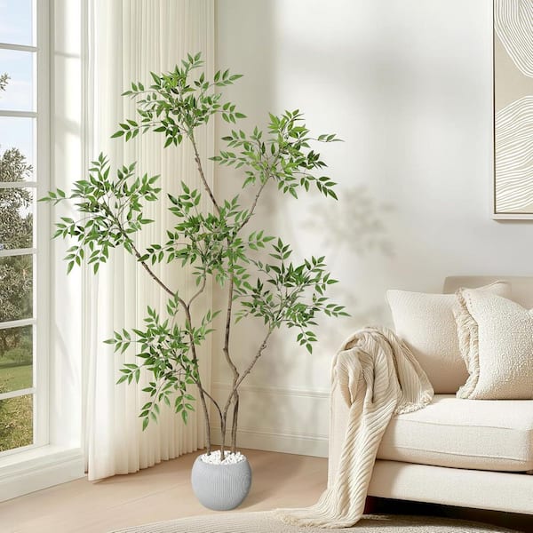 6 ft. Tall Artificial Plants Indoor, Faux Floor Plant in Pot, Nandina Artificial Tree with White Planter