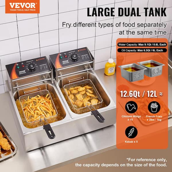 Commercial Electric Deep Fryer 18.2 qt. Electric Countertop Fryer 3000 Watt Stainless Steel Dual Deep Fryer, Silver