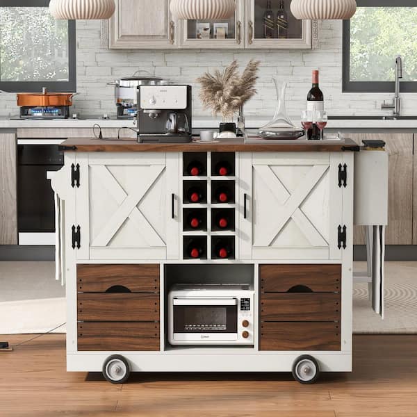 FAMYYT Farmhouse White Drop Leaf Wood Tabletop 54 in. Kitchen Island Cart with Power Outlet