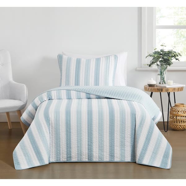Aiden Stripe Blue Full/Queen 3-Piece Microfiber Quilt Set