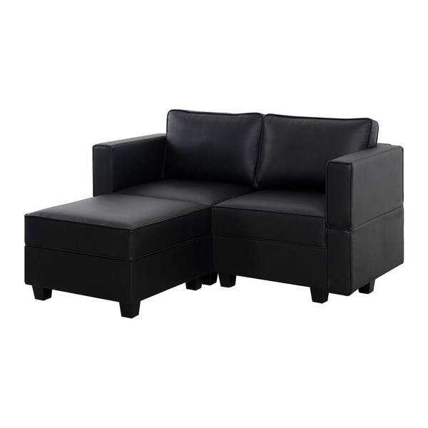 HOMESTOCK 61.02 in. W Faux Leather Loveseat with Ottoman, Streamlined Comfort for Your Sectional Sofa in Black