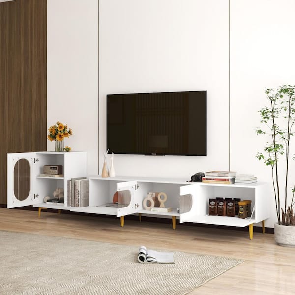 86-100 in. Retracted Extendable TV Stand with Storage Cabinet, Adjustable Media Console, White Finish