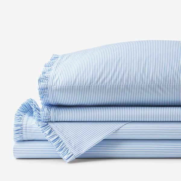 The Company Store Company Cotton Sunshine & Blooms Blue Pinstripe Cotton Percale King Sheet Set