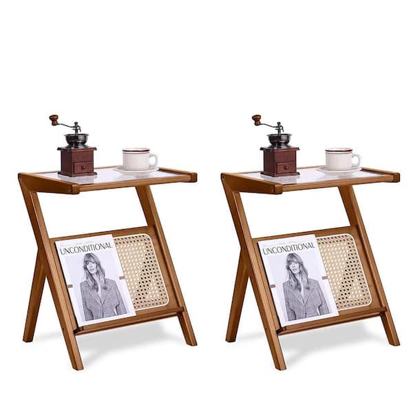 2-Pack Rattan Side Table, Mid Century Nightstand, Bamboo Accent Bedside Tables