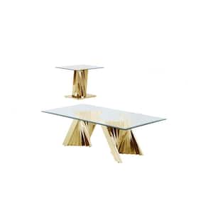 Ozuna 55 in. Tempered Clear Gold Rectangle Glass Stainless Steel Coffee Table of (2-Pieces)