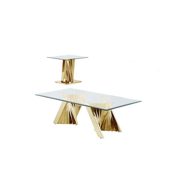 Best Quality Furniture Ozuna 55 in. Tempered Clear Gold Rectangle Glass Stainless Steel Coffee Table of (2-Pieces)