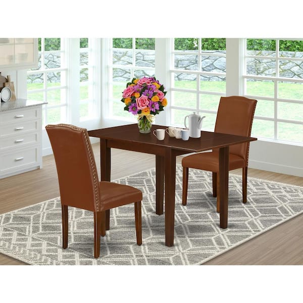 East West Furniture 3-Piece Mahogany Finish Solid Wood Top Dining Table Set