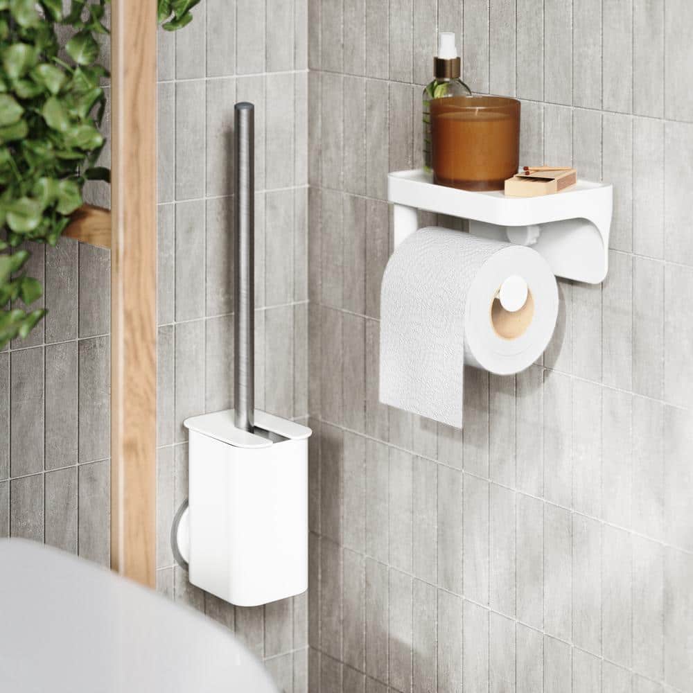 White Adhesive Toilet Paper Holder with Shelf