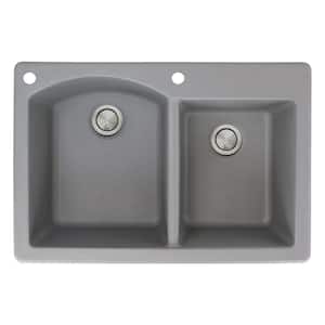 Aversa Drop-in Granite 33 in. 2-Hole 1-3/4 D-Shape Double Bowl Kitchen Sink in Grey