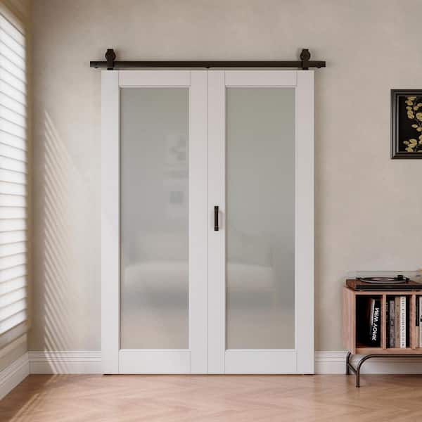 52 in. x 80 in. 1 Lite Tempered Frosted Glass White Primed MDF Bifold Sliding Barn Door with Hardware Kit