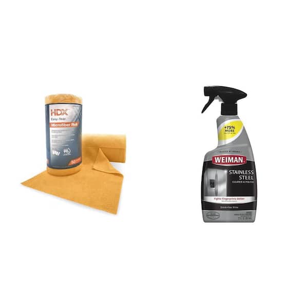 Easy-Tear 12 in. x 12 in. Microfiber Cloth Roll (50-Count) with 22 oz. Stainless Steel Cleaner and Polish Spray