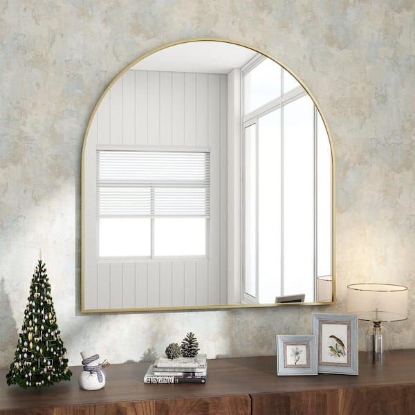 XRAMFY 32 in. W x 34 in. H Arched Gold Modern Aluminum Alloy Framed Wall Mirror