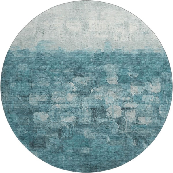 Mayfield Premium Machine Washable Abstract AMF2119 Teal 8 ft. x 8 ft. Round Rug