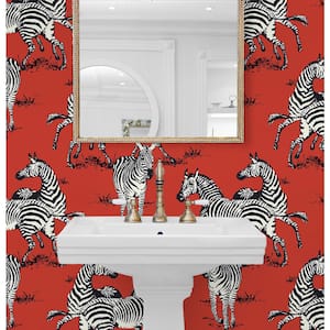 40.5 sq. ft. Red Playful Zebras Vinyl Peel and Stick Wallpaper Roll