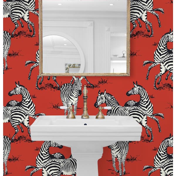 40.5 sq. ft. Red Playful Zebras Vinyl Peel and Stick Wallpaper Roll