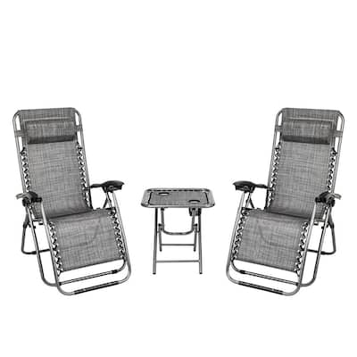 Black Outdoor Steel Frame Folding Lawn Chair Set, 2 Zero Gravity Recliner Lounge Chair and Table