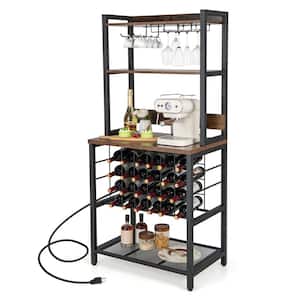 Brown Wood Wine Storage Cabinet with Wine Rack & Built-in charging station